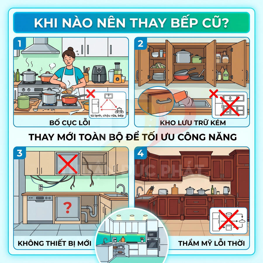 Minh họa các dấu hiệu nên thay mới toàn bộ tủ bếp cũ để tối ưu công năng và thẩm mỹ nhà bếp