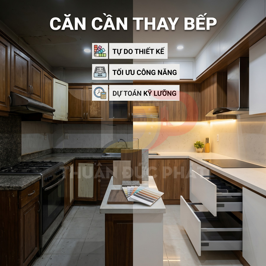 So sánh bếp cũ và bếp mới hiện đại với tủ gỗ, mặt đá và hệ tủ kéo tối ưu công năng