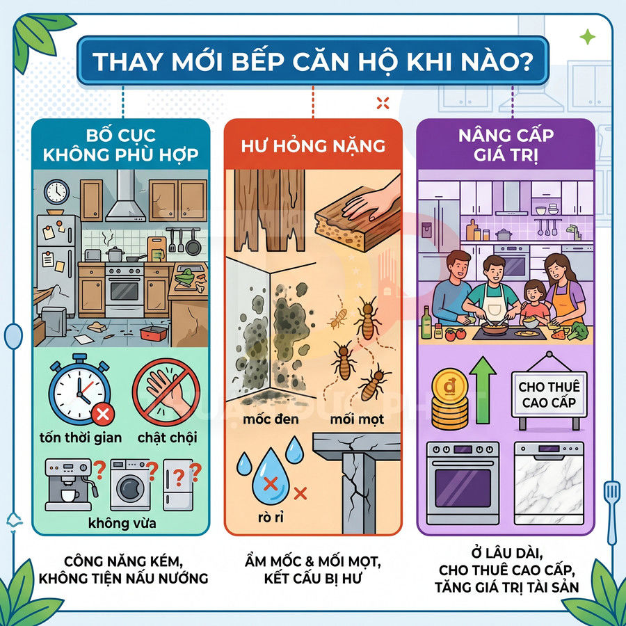 Minh họa các lý do nên thay mới bếp căn hộ: bố cục kém, hư hỏng ẩm mốc mối mọt và nâng cấp bếp hiện đại cho gia đình