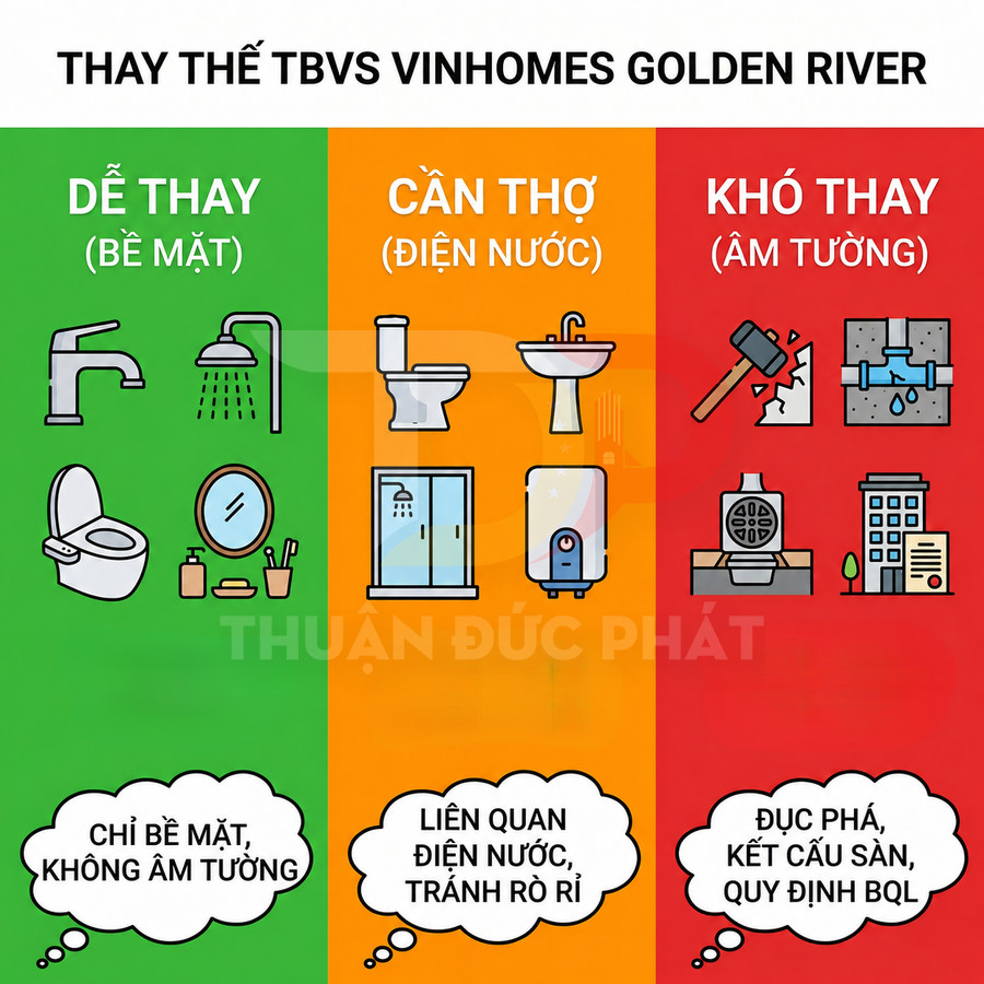 Hướng dẫn thay thế thiết bị vệ sinh Vinhomes Golden River theo mức độ dễ, cần thợ và khó thay âm tường
