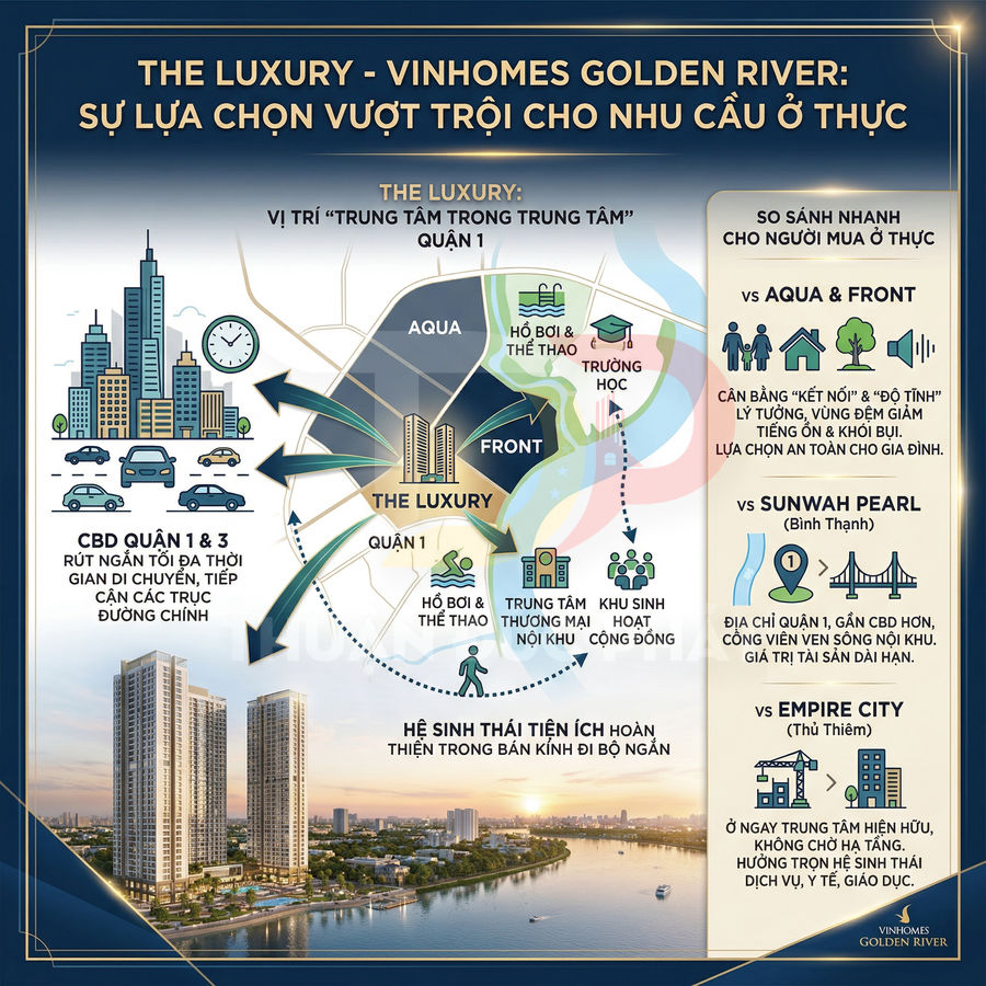 Infographic giới thiệu dự án căn hộ The Luxury Vinhomes Golden River tại Quận 1, vị trí trung tâm và hệ sinh thái tiện ích cao cấp
