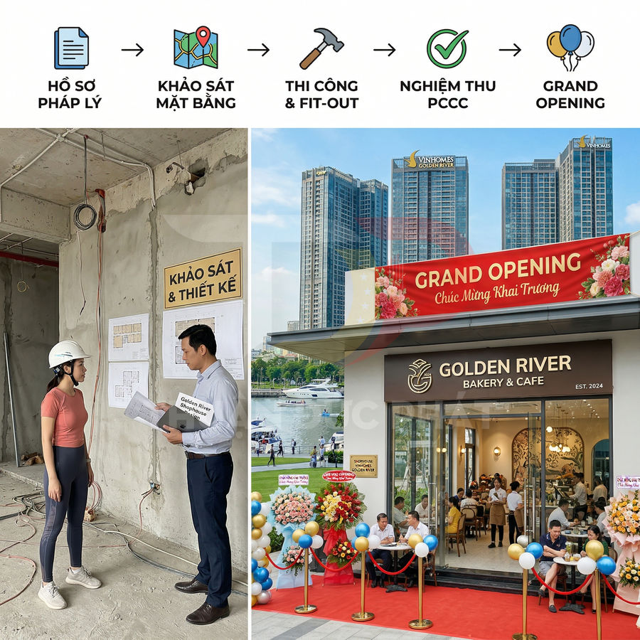 Quy trình thi công và khai trương tiệm bánh Golden River Bakery & Cafe với lễ grand opening đông khách