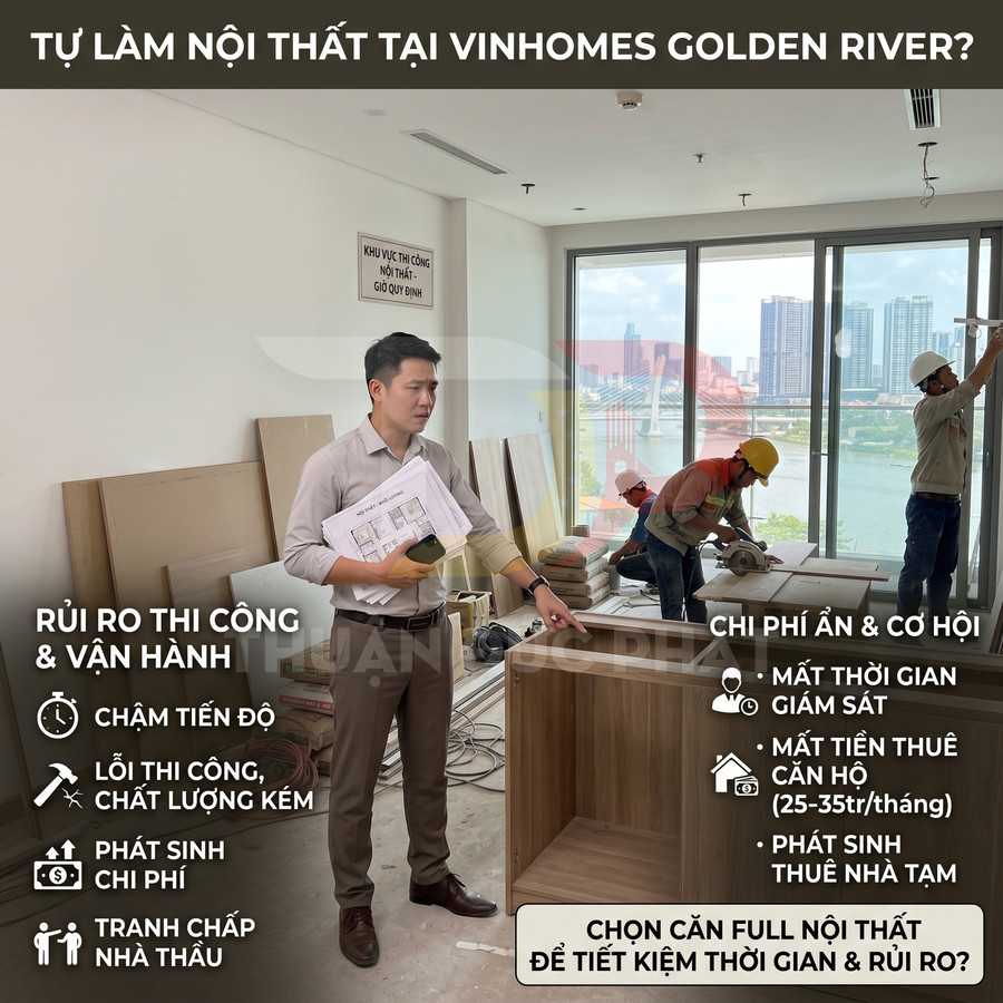 Kỹ sư giám sát thi công nội thất căn hộ Vinhomes Golden River với thợ đang lắp đặt tủ gỗ