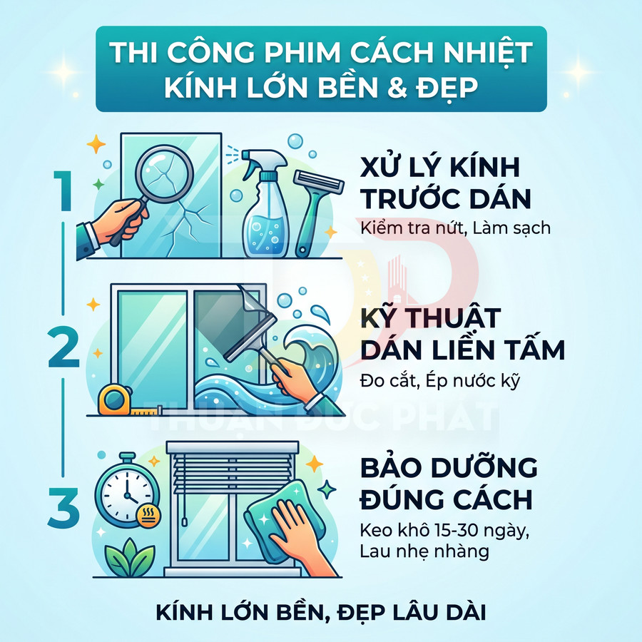 Quy trình thi công phim cách nhiệt cho kính lớn gồm xử lý kính, dán phim liền tấm và bảo dưỡng đúng cách