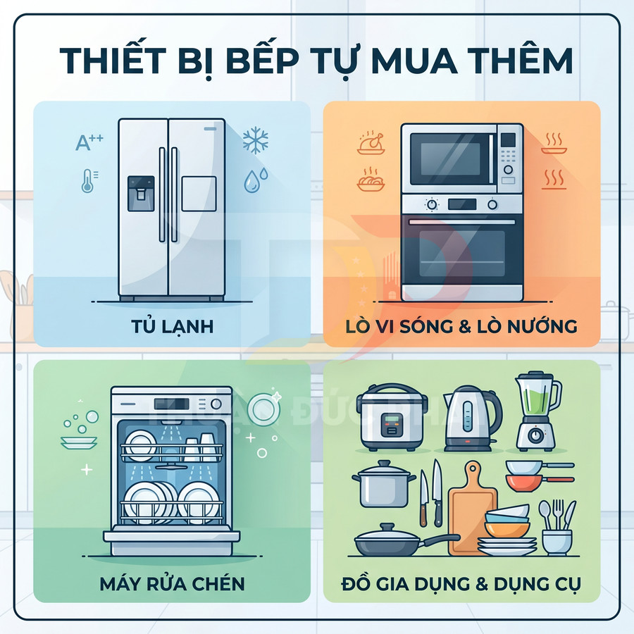 Minh họa các thiết bị bếp cần mua thêm gồm tủ lạnh, lò vi sóng, lò nướng, máy rửa chén và đồ gia dụng dụng cụ