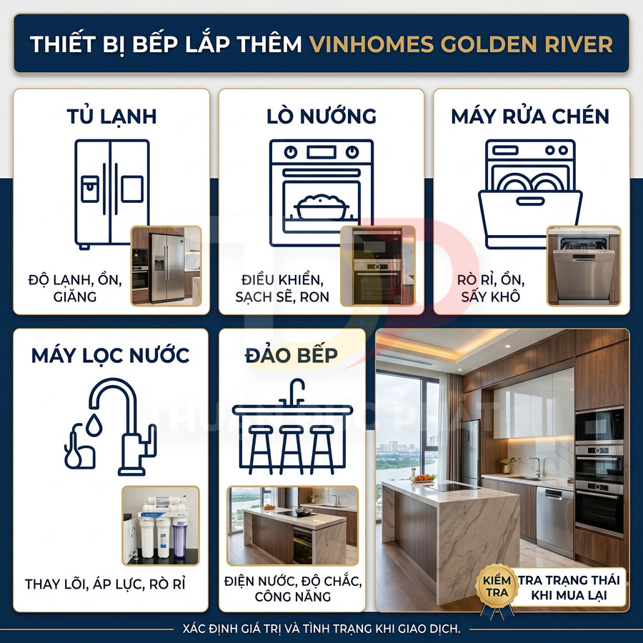 Thiết bị bếp cao cấp tại căn hộ Vinhomes Golden River gồm tủ lạnh, lò nướng, máy rửa chén, máy lọc nước và đảo bếp