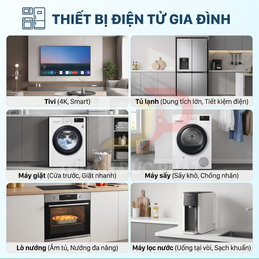 Thiết bị điện tử gia đình gồm tivi, tủ lạnh, máy giặt, máy sấy, lò nướng âm tủ và máy lọc nước trong không gian bếp hiện đại