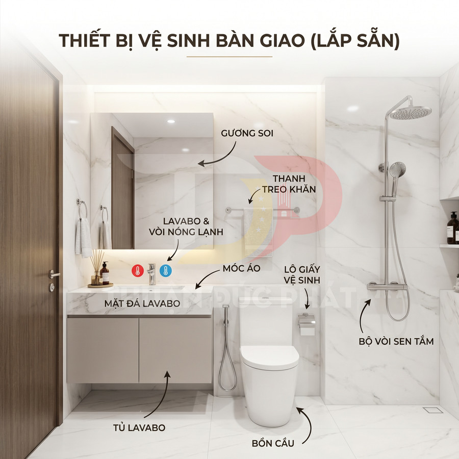Phòng tắm hiện đại với lavabo đá, tủ lavabo, gương soi, bồn cầu và bộ vòi sen tắm gắn tường