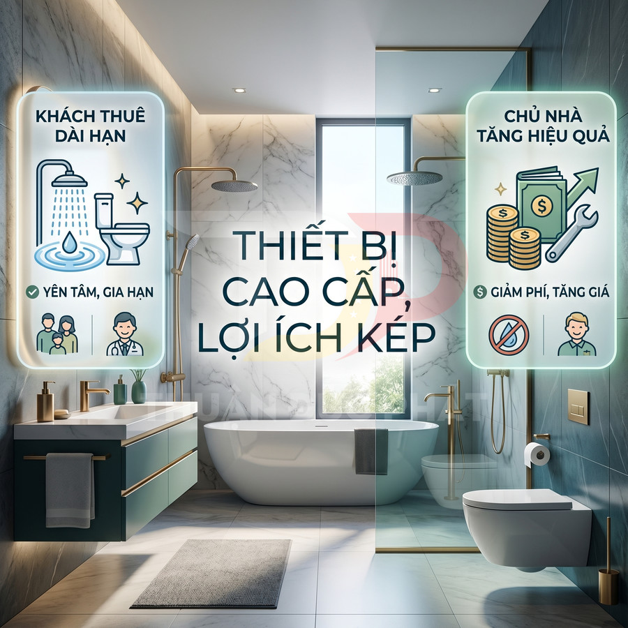 Phòng tắm hiện đại với bồn tắm, vòi sen, bồn cầu cao cấp và infographic lợi ích cho khách thuê và chủ nhà