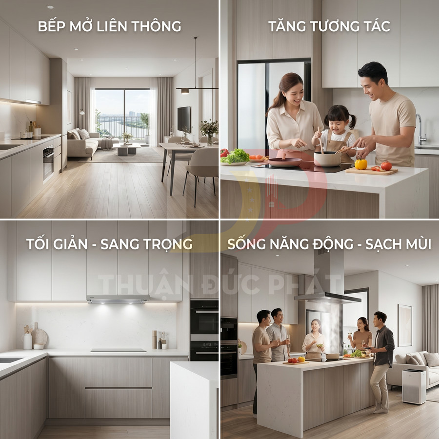 Bếp mở liên thông hiện đại với tủ bếp gỗ sáng, đảo bếp rộng và gia đình nấu ăn quây quần trong căn hộ sang trọng
