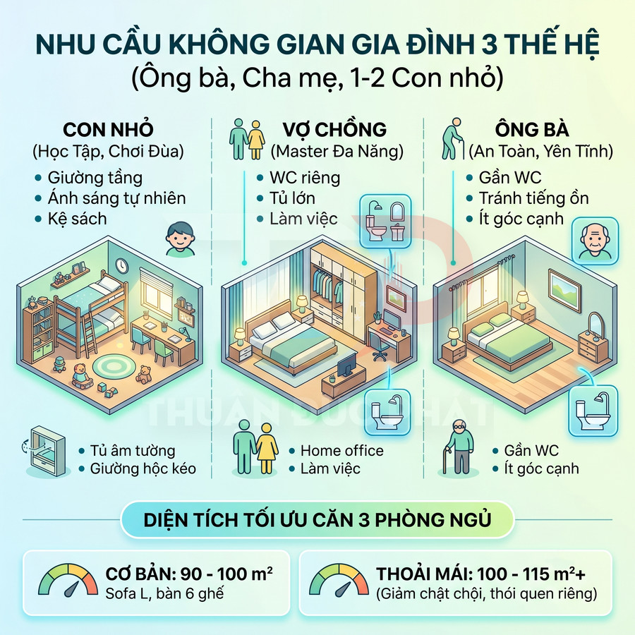 Mô phỏng bố trí căn hộ 3 phòng ngủ cho gia đình 3 thế hệ với phòng con nhỏ, vợ chồng và ông bà