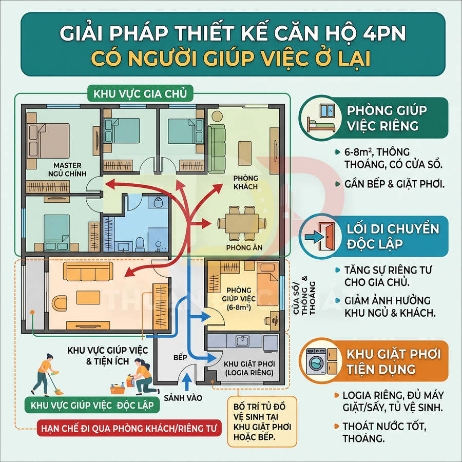 Mặt bằng thiết kế căn hộ 4 phòng ngủ có phòng giúp việc riêng, lối đi độc lập và khu giặt phơi tiện dụng