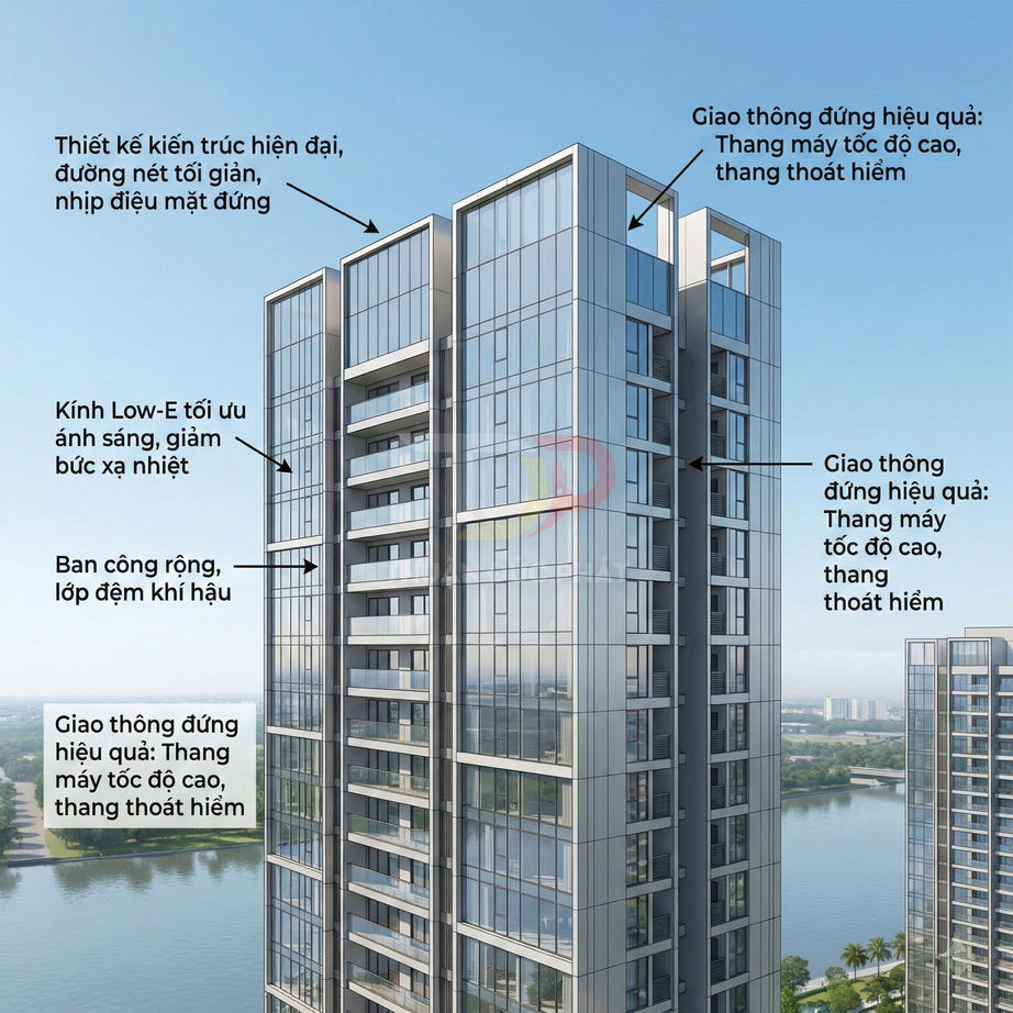 Phối cảnh tòa chung cư cao tầng hiện đại với kính Low E, ban công rộng và thang máy tốc độ cao bên sông