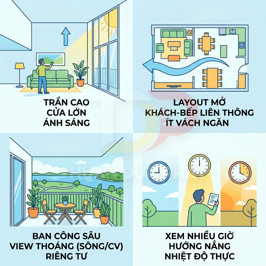Minh họa căn hộ trần cao cửa kính lớn, layout mở khách bếp, ban công sâu view sông và xem hướng nắng nhiệt độ thực