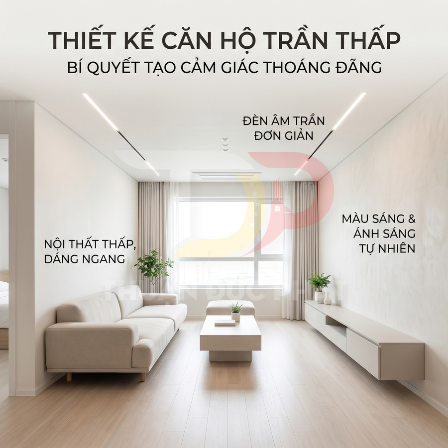 Phòng khách căn hộ trần thấp với nội thất tối giản màu sáng, sofa thấp, bàn trà và kệ tivi hiện đại ngập ánh sáng tự nhiên
