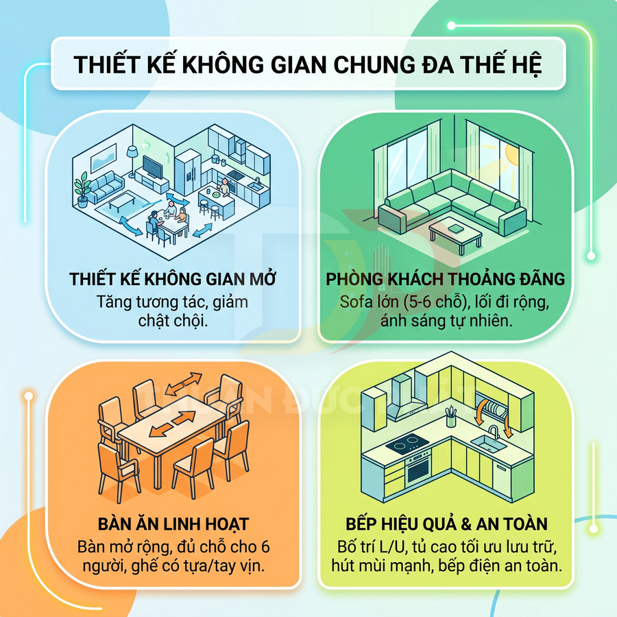 Thiết kế không gian chung đa thế hệ với phòng khách, bếp, bàn ăn linh hoạt và không gian mở tiện nghi