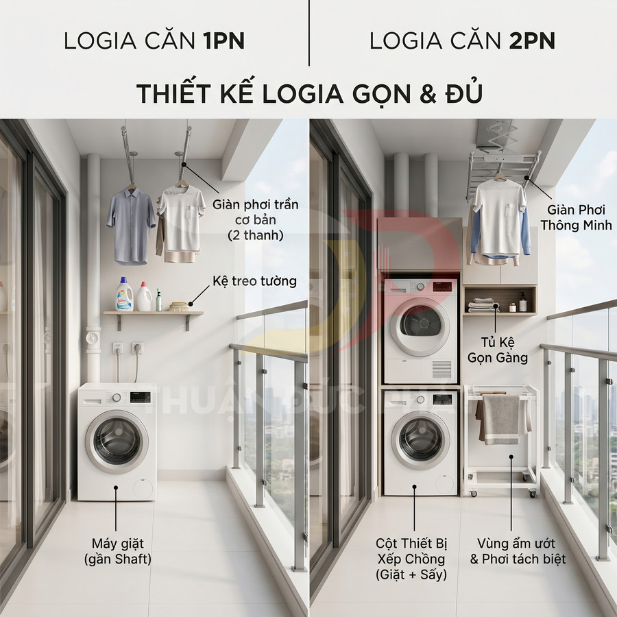 Thiết kế logia căn hộ với máy giặt, máy sấy, giàn phơi quần áo và tủ kệ gọn gàng tiết kiệm diện tích