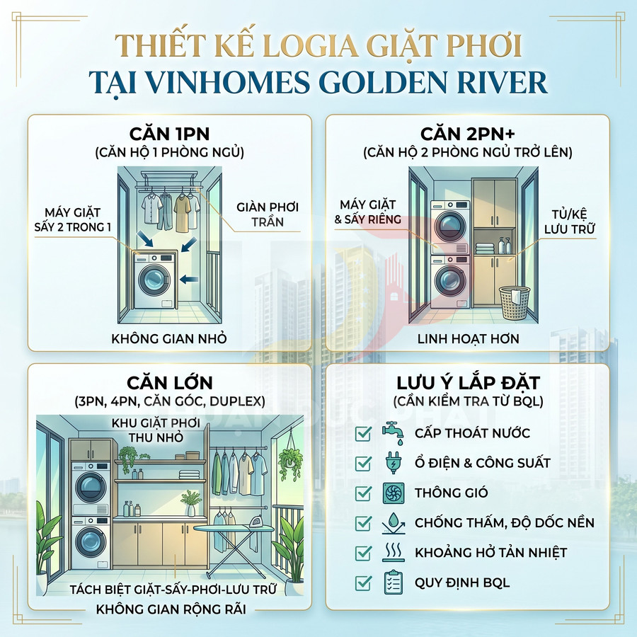 Logia tại Vinhomes Golden River có đủ rộng để giặt phơi và đặt máy sấy không?