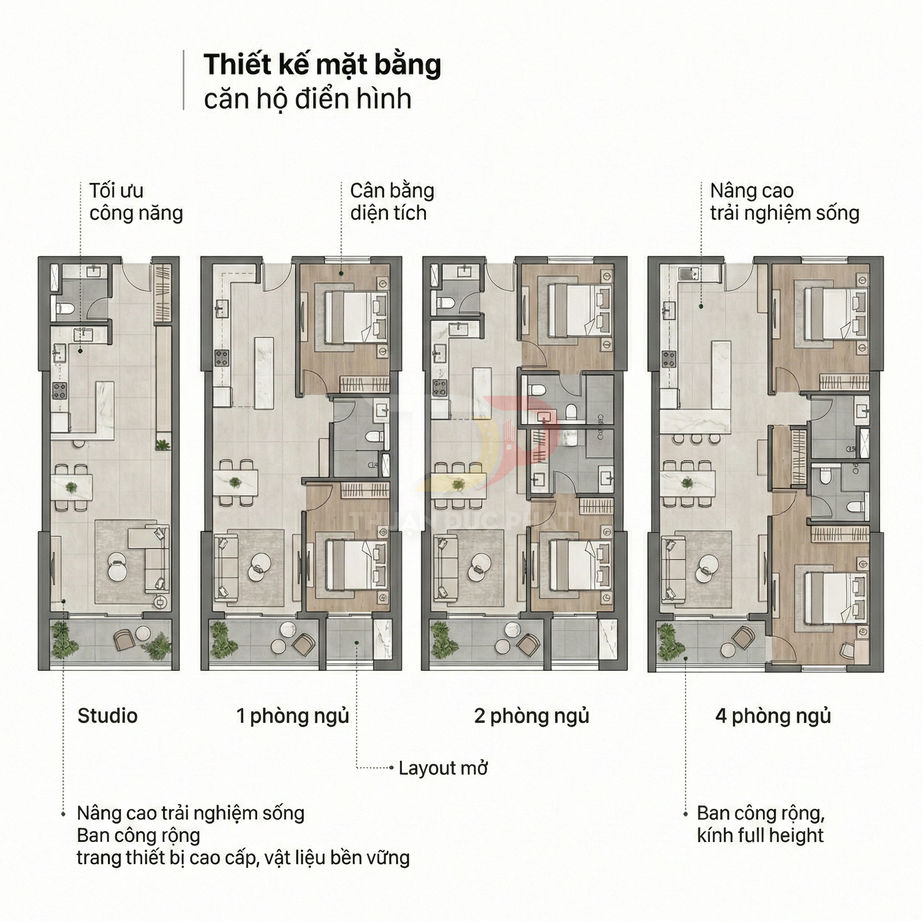 Thiết kế mặt bằng căn hộ điển hình với layout studio, 1, 2 và 4 phòng ngủ, tối ưu công năng và ban công rộng