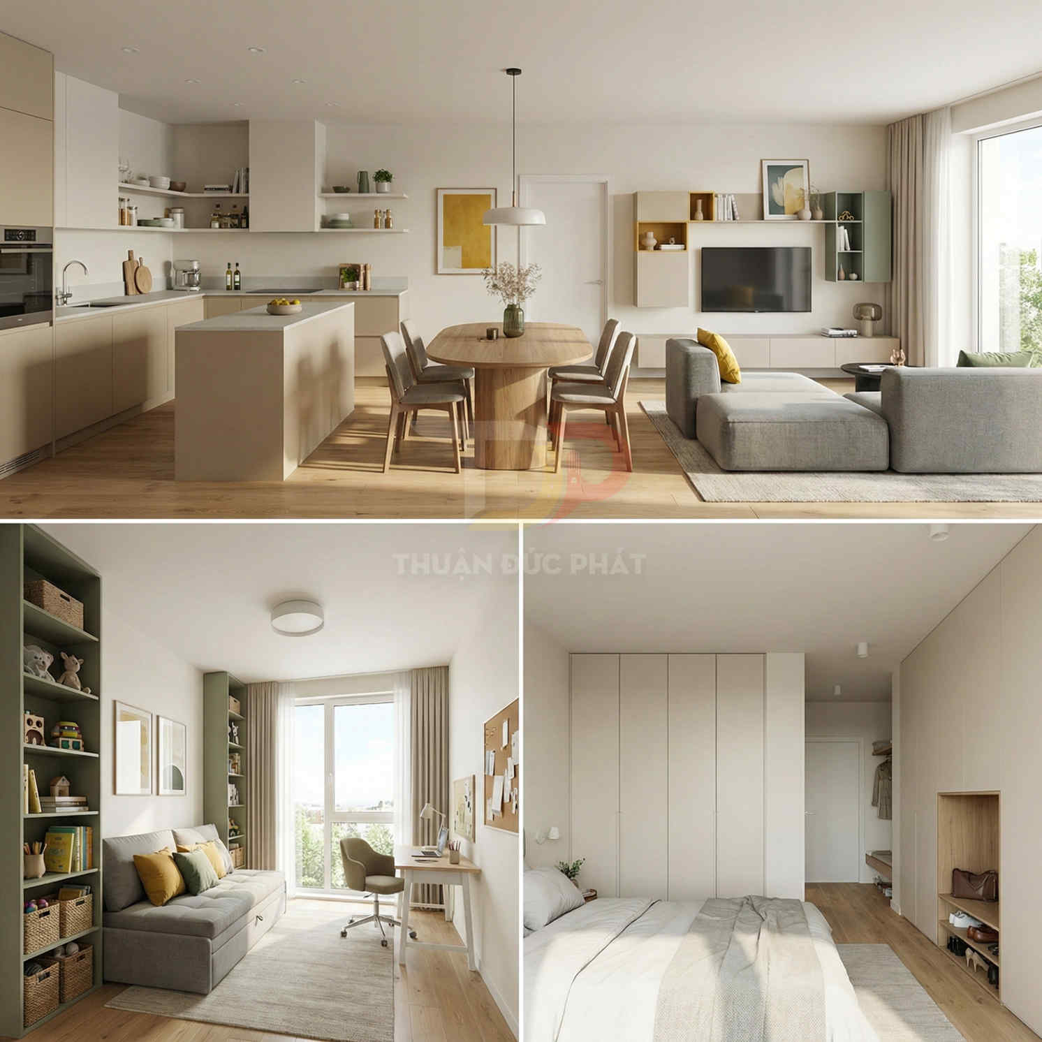 Nội thất căn hộ hiện đại với phòng khách bếp liền kề, phòng làm việc nhỏ và phòng ngủ tối giản tông màu sáng