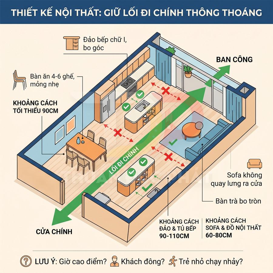 Mặt bằng thiết kế nội thất căn hộ với bếp chữ L, đảo bếp, bàn ăn và sofa bố trí chừa lối đi chính thông thoáng