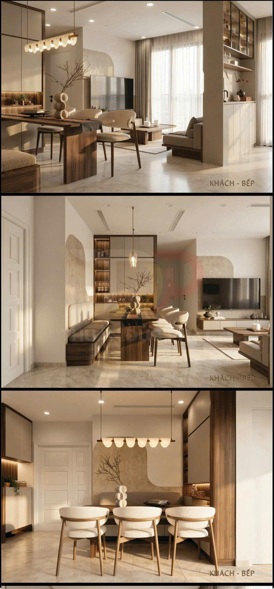 Nội thất phòng khách liền bếp hiện đại với bàn ăn gỗ, ghế bọc nệm và sofa tông be ấm áp