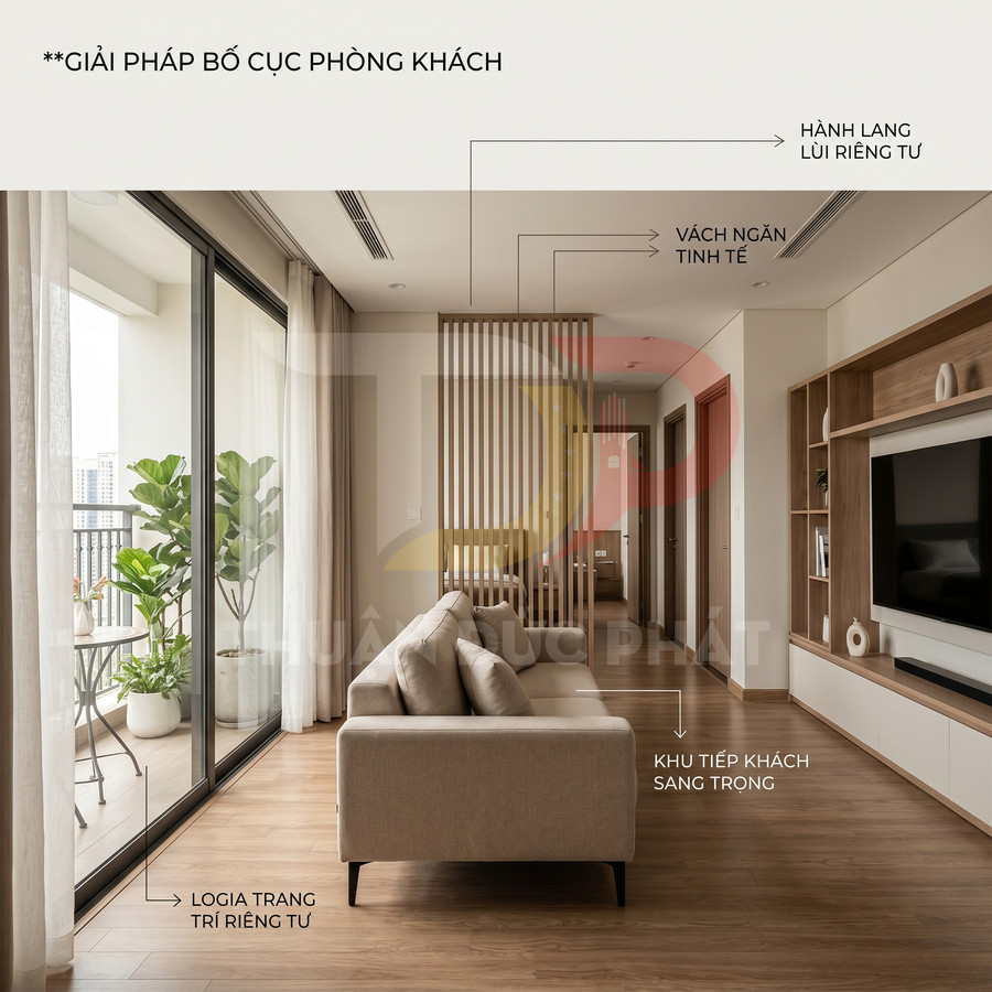 Phòng khách chung cư hiện đại với sofa be, kệ tivi gỗ, vách ngăn gỗ và logia cây xanh nhiều ánh sáng