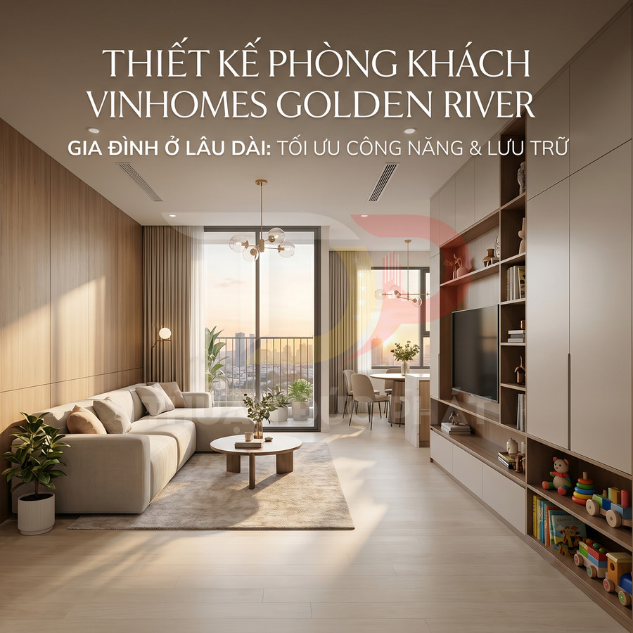 Phòng khách căn hộ Vinhomes Golden River hiện đại với sofa sáng màu, kệ tivi lớn và tủ lưu trữ tối ưu không gian