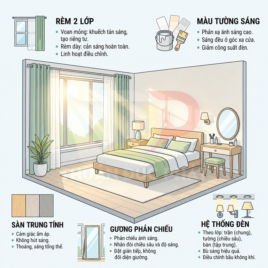Phòng ngủ hiện đại với giường gỗ, rèm cửa hai lớp, tường màu sáng, gương bàn trang điểm và hệ thống đèn ấm áp