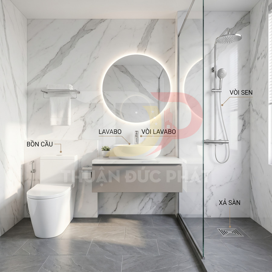 Phòng tắm hiện đại với bồn cầu, lavabo đặt bàn, vòi lavabo và bộ vòi sen tắm đứng sang trọng