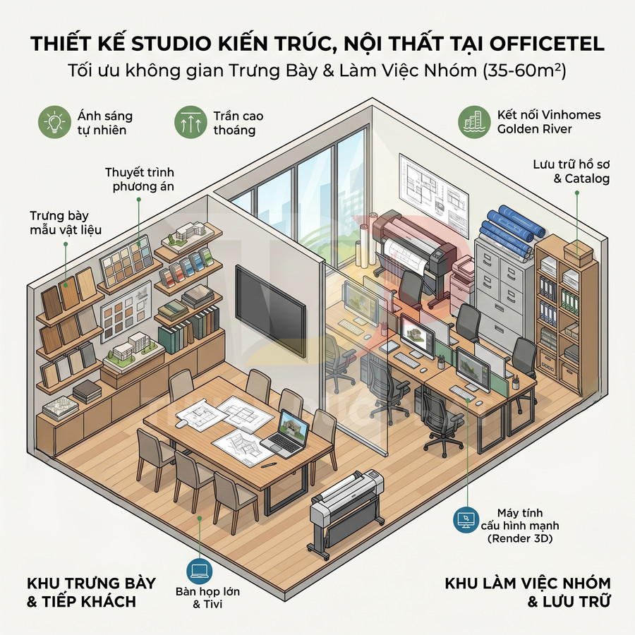Thiết kế studio kiến trúc nội thất officetel với khu trưng bày vật liệu và khu làm việc nhóm có máy tính, bàn họp