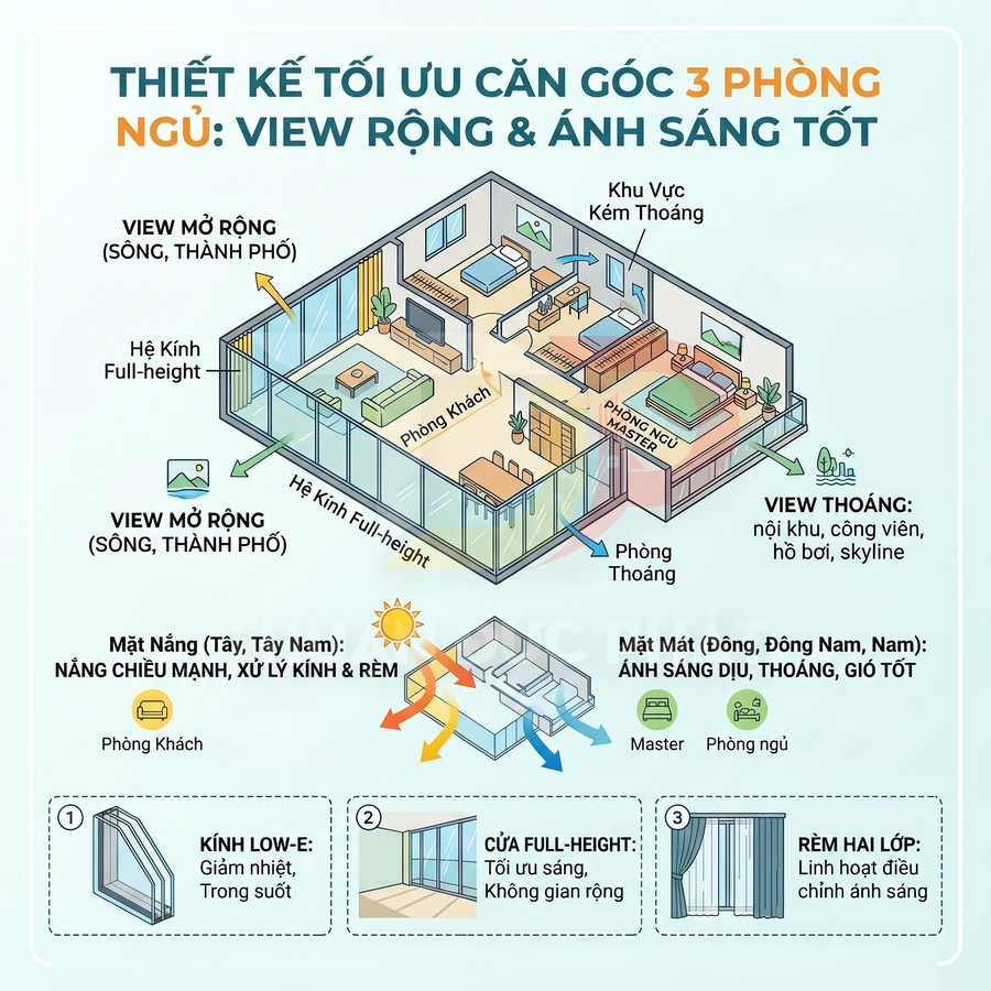 Thiết kế căn hộ góc 3 phòng ngủ với hệ kính full height, view rộng thoáng và ánh sáng tự nhiên tối ưu