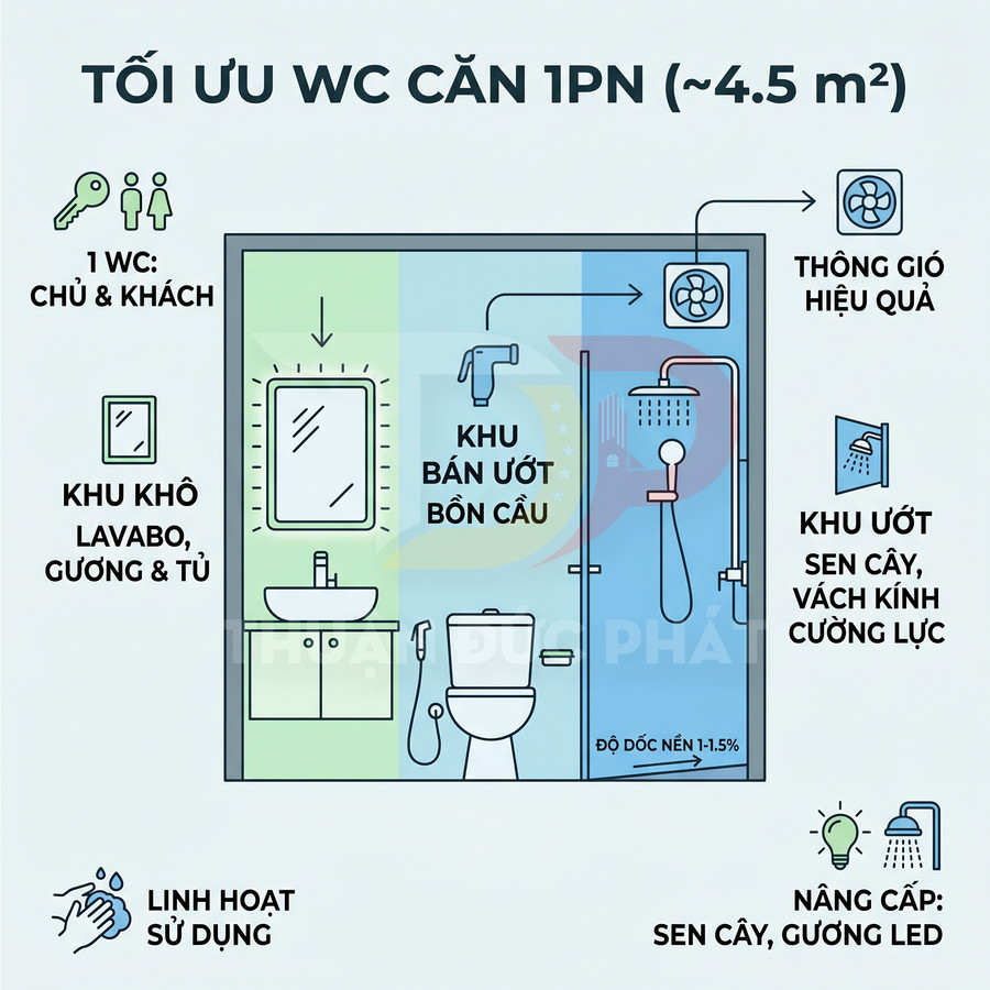 Sơ đồ bố trí nhà vệ sinh 4.5m2 với lavabo, bồn cầu, khu tắm sen cây và quạt thông gió phân chia khô ướt