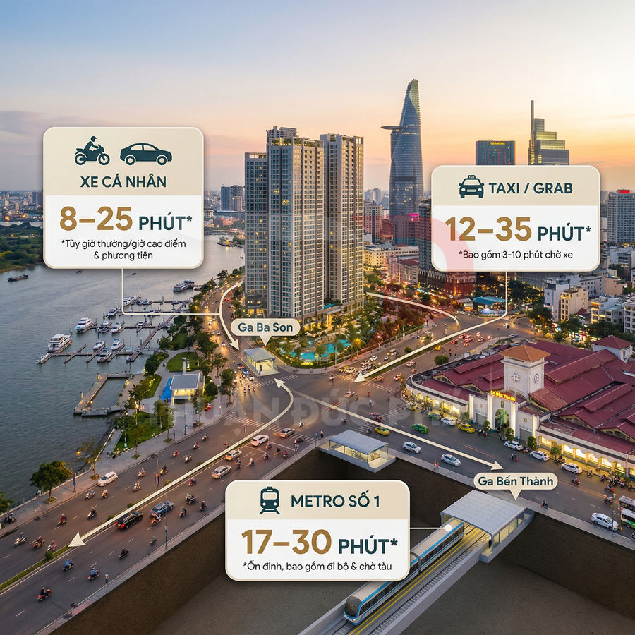 Phối cảnh căn hộ cao cấp ven sông Sài Gòn gần ga Ba Son và ga Bến Thành, kết nối taxi Grab và metro số 1