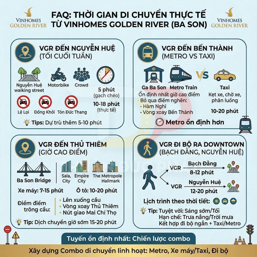 Infographic thời gian di chuyển thực tế từ Vinhomes Golden River Ba Son đến Nguyễn Huệ Bến Thành Thủ Thiêm Downtown