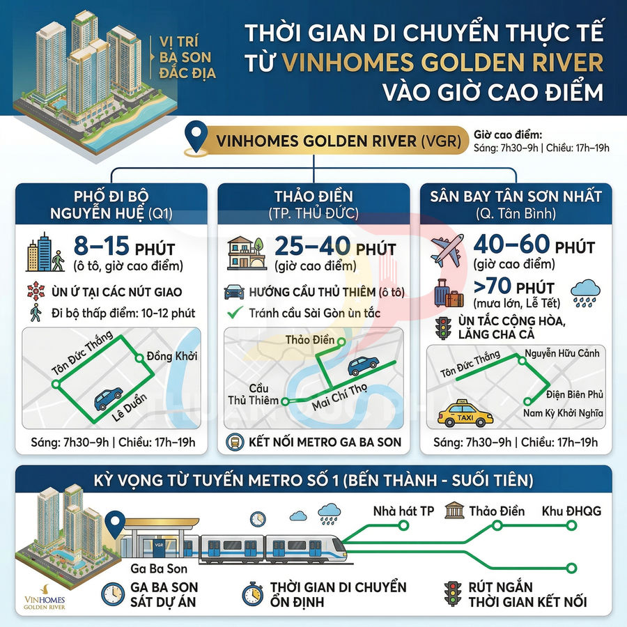 Infographic thời gian di chuyển từ Vinhomes Golden River đến Nguyễn Huệ, Thảo Điền, sân bay Tân Sơn Nhất và tuyến metro số 1