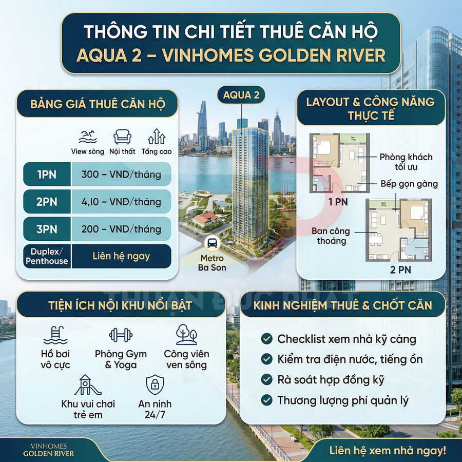 Thông tin chi tiết thuê căn hộ Aqua 2 Vinhomes Golden River, bảng giá, layout và tiện ích nội khu nổi bật