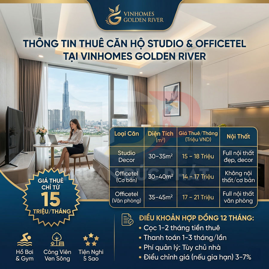 Thông tin cho thuê căn hộ studio và officetel Vinhomes Golden River, giá từ 15 triệu mỗi tháng