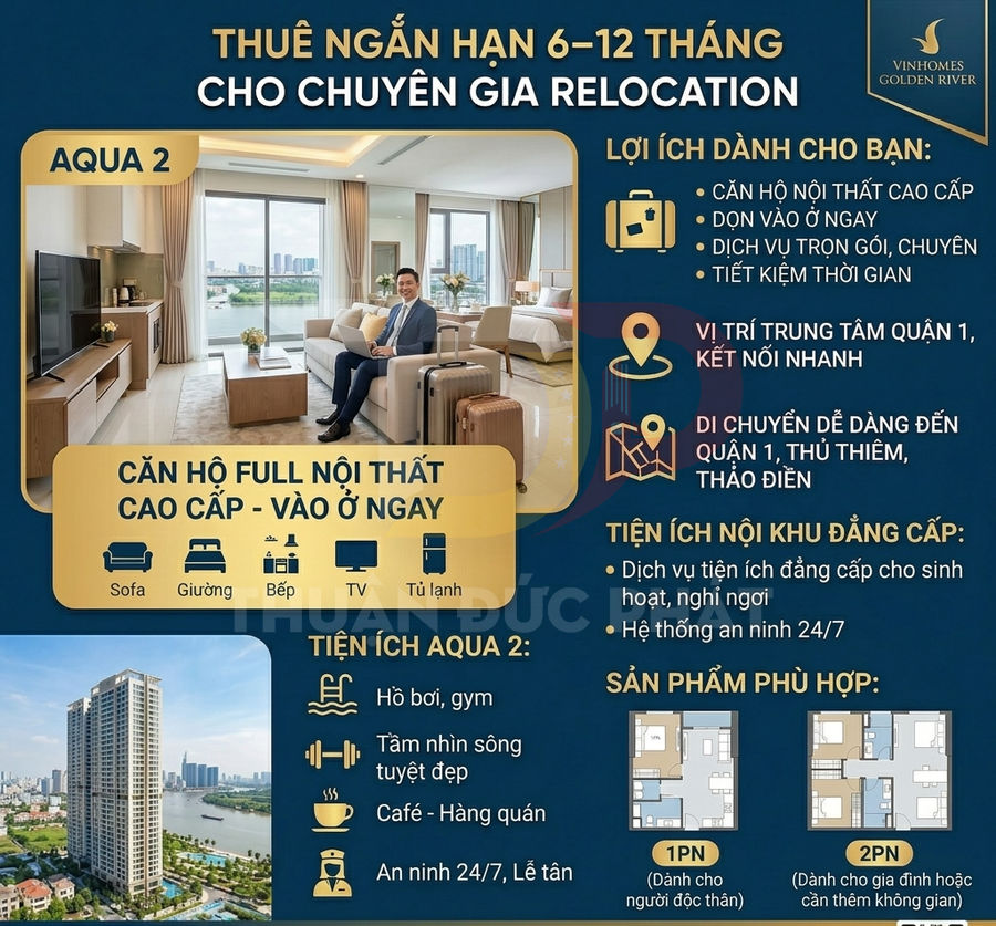 Căn hộ Vinhomes Golden River Aqua 2 full nội thất cao cấp cho thuê ngắn hạn 6–12 tháng cho chuyên gia