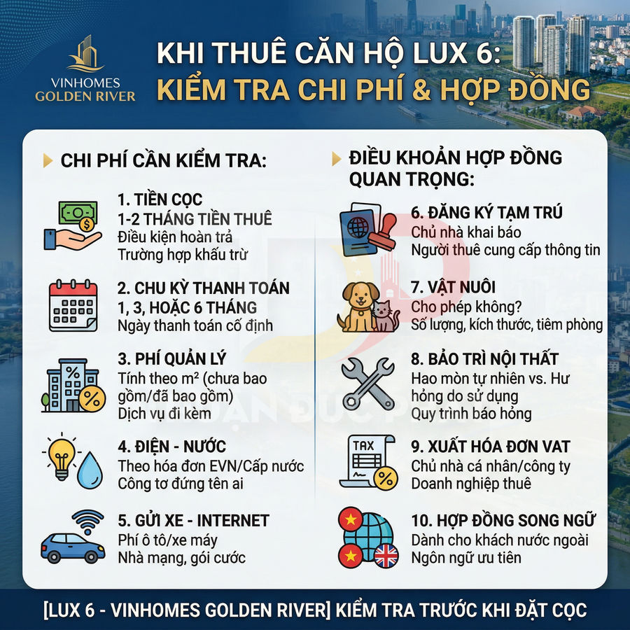 Checklist chi phí và điều khoản hợp đồng khi thuê căn hộ Lux 6 Vinhomes Golden River