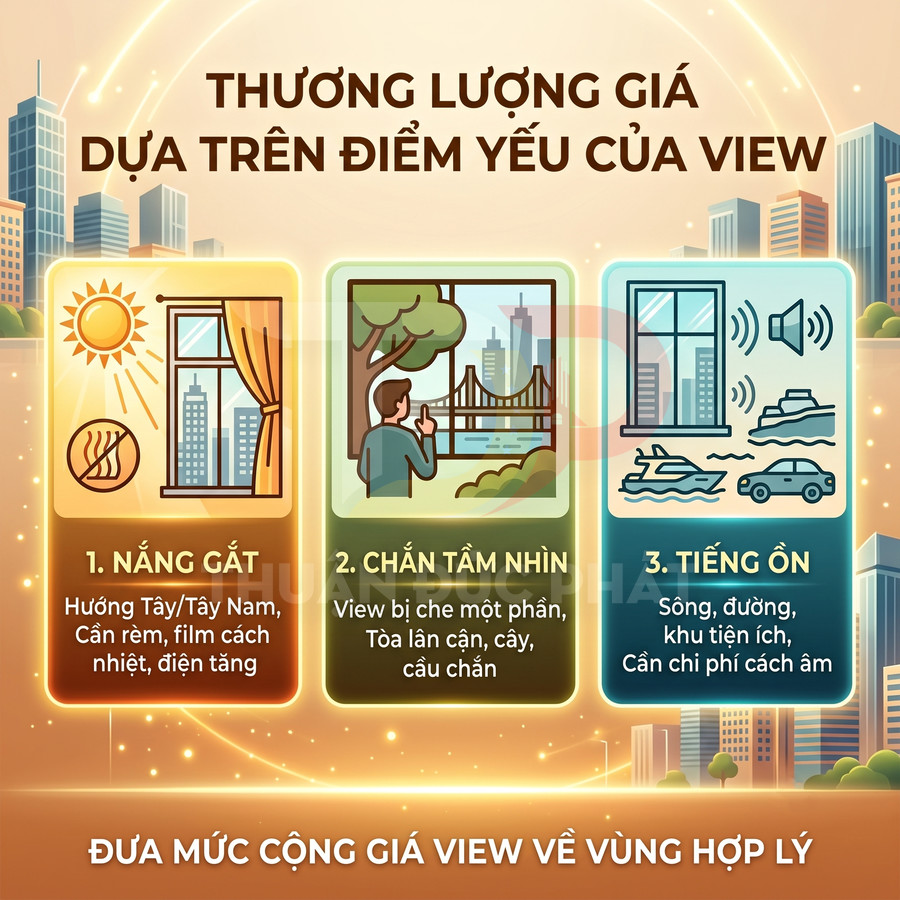 Minh họa các yếu tố ảnh hưởng giá view căn hộ: nắng gắt, chắn tầm nhìn và tiếng ồn đô thị
