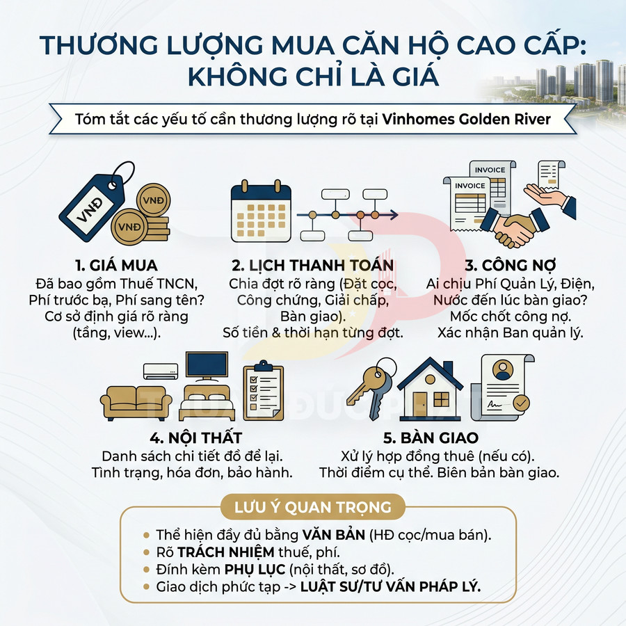 Infographic các yếu tố cần thương lượng khi mua căn hộ cao cấp tại Vinhomes Golden River