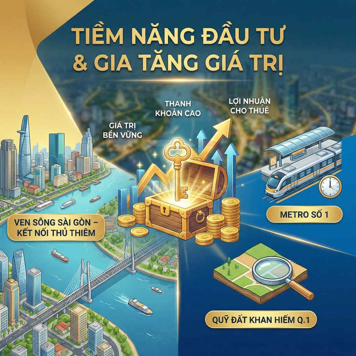 Minh họa tiềm năng đầu tư bất động sản ven sông Sài Gòn, kết nối Thủ Thiêm, metro số 1 và quỹ đất khan hiếm quận 1
