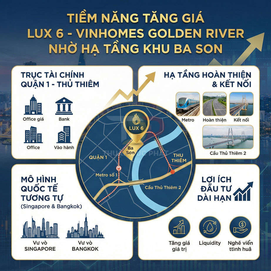 Infographic tiềm năng tăng giá căn hộ LUX 6 Vinhomes Golden River nhờ hạ tầng khu Ba Son và Thủ Thiêm