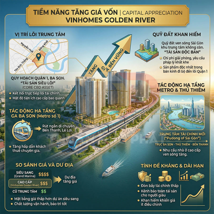 Phối cảnh dự án căn hộ cao cấp Vinhomes Golden River bên sông Sài Gòn và tuyến metro số 1