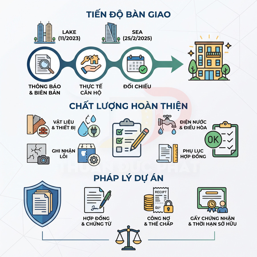 Tiến độ bàn giao căn hộ Lake tháng 11/2023, Sea ngày 25/2/2025 cùng checklist chất lượng và pháp lý dự án