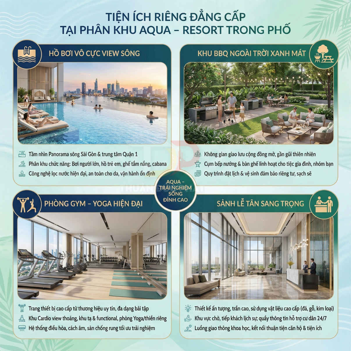 Tiện ích cao cấp tại khu căn hộ Aqua với hồ bơi vô cực, phòng gym, khu BBQ ngoài trời và sảnh lễ tân sang trọng