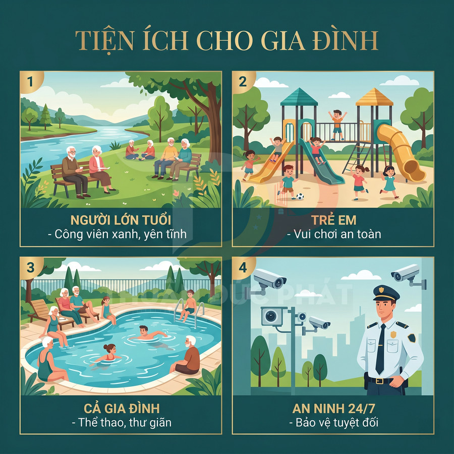 Tiện ích cho gia đình với công viên người già, khu vui chơi trẻ em, hồ bơi và an ninh 24/7