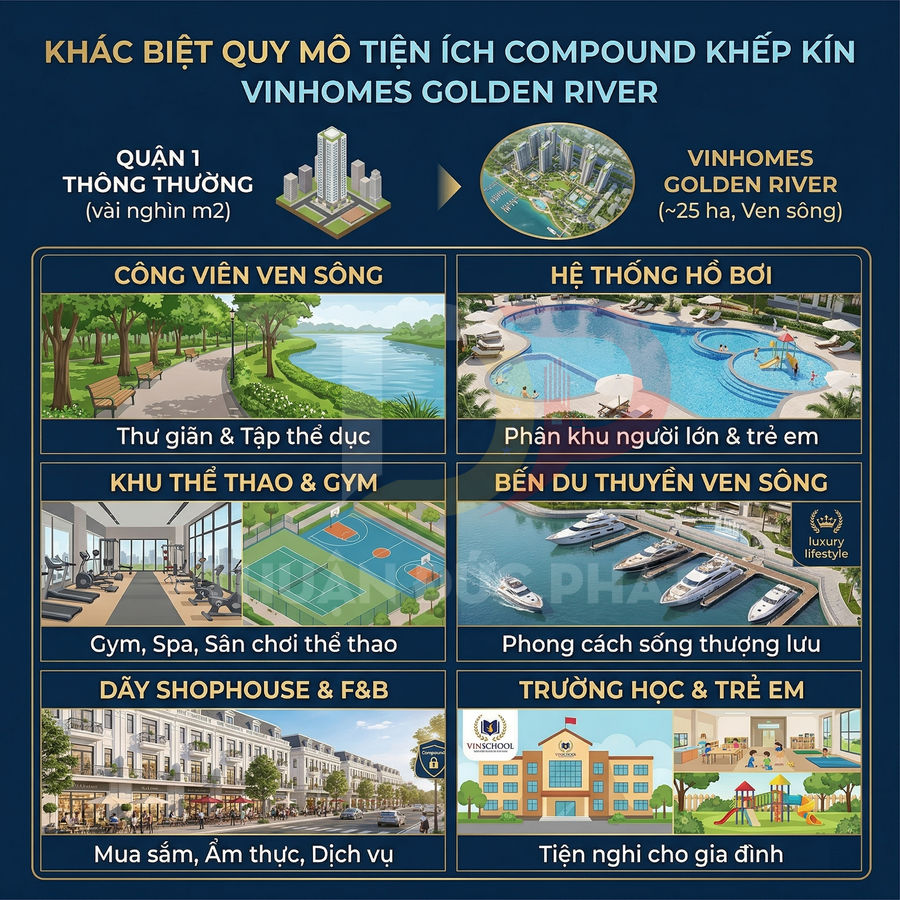 Tiện ích nội khu Vinhomes Golden River với công viên ven sông, hồ bơi, gym, bến du thuyền, shophouse và trường học