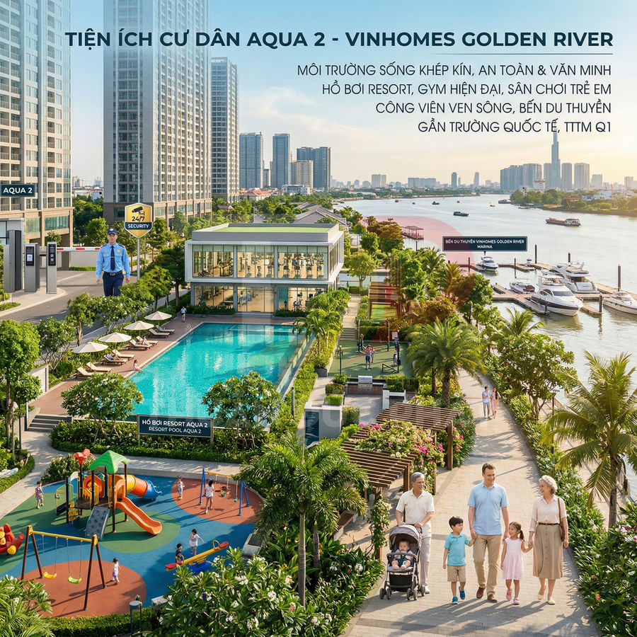 Tiện ích cư dân Aqua 2 Vinhomes Golden River với hồ bơi resort, sân chơi trẻ em và bến du thuyền ven sông